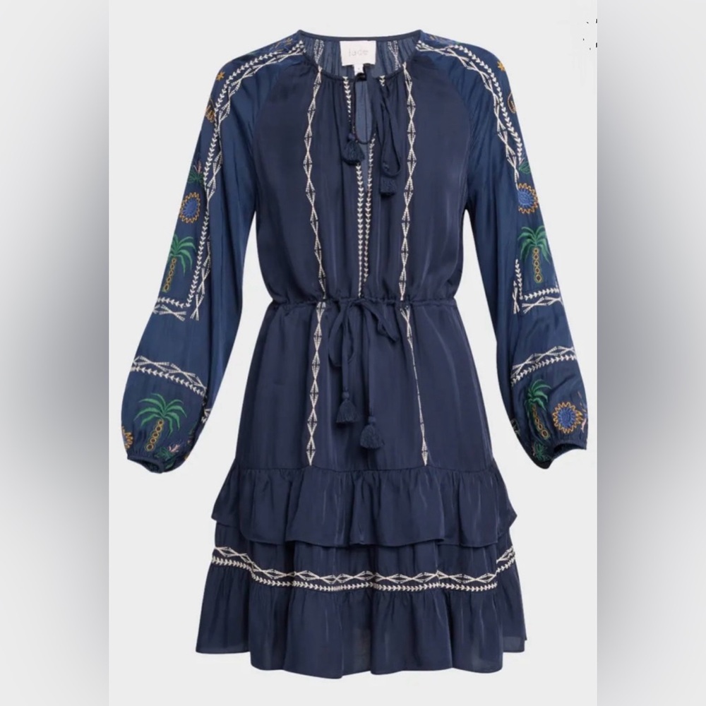 Johnny Was Jade NWT Small Lexie Embroidered Ruffle Tiered Mini Dress Navy Blue